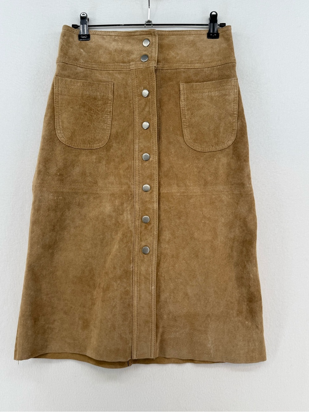 Button-Front Suede Midi Skirt in Tan